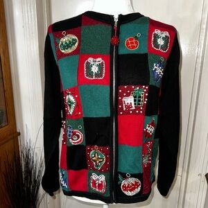 Vintage Festive Red and Green Holiday Zip Up Sweater
